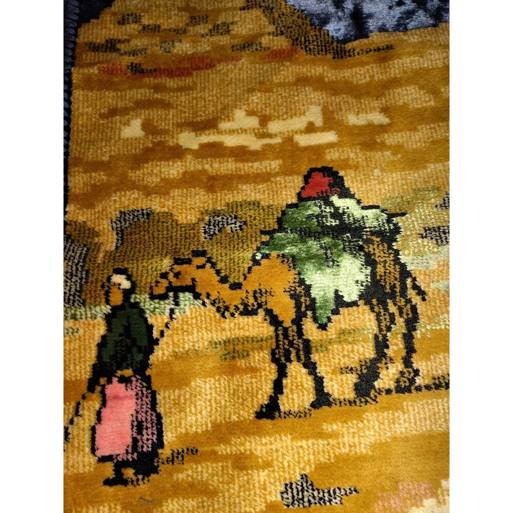 ​Vintage Large Velvet Egyptian Tapestry 59x39, Mid Century Sphinx Pyramids Camel